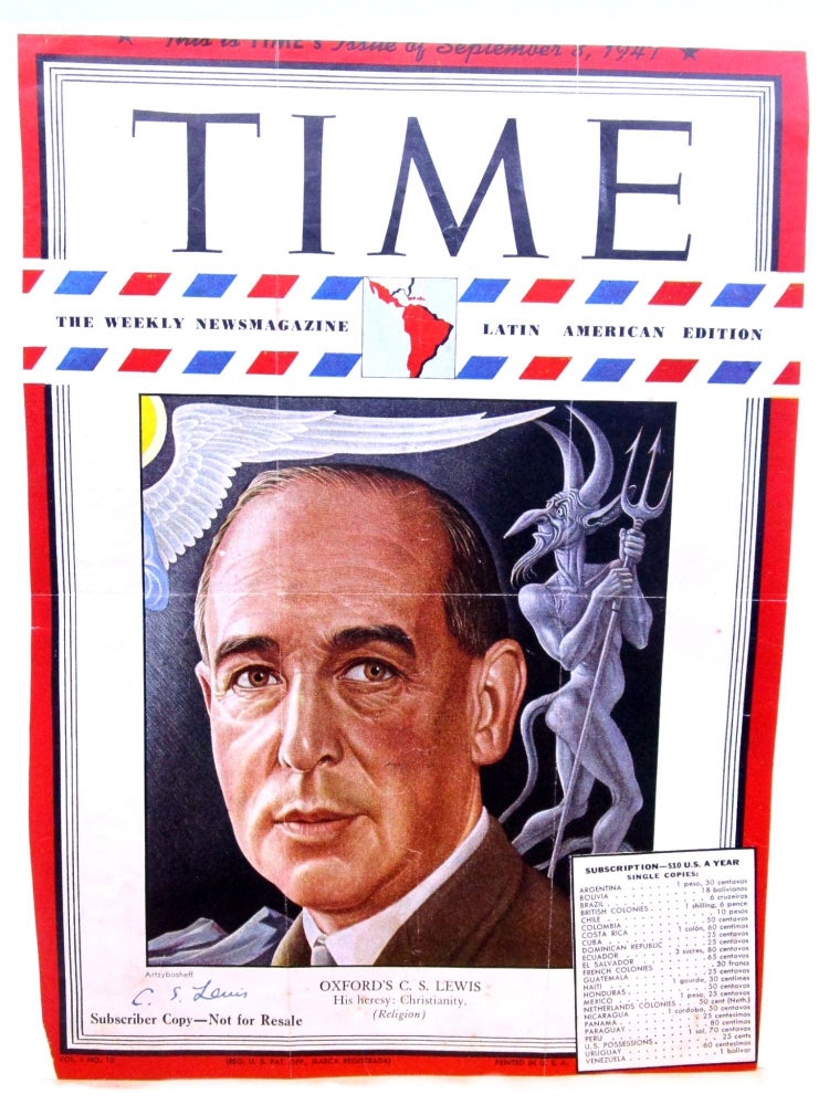 Item #068352 TIME MAGAZINE COVER, SIGNED BY C. S. LEWIS. C. S. Lewis Signature Time Magazine.