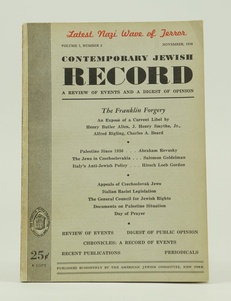 Item #071892 Contemporary Jewish Record: A Review of Events and a Digest of Opinion (Volume 1, Number 2). Harry Schneiderman Morris D. Waldman, Sidney Wallach, Abraham G. Dukes, Managing.